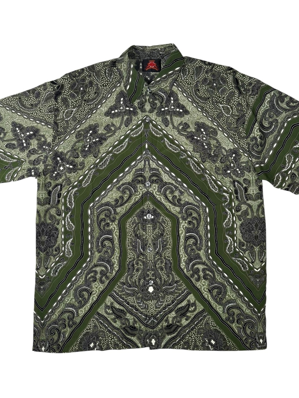 7 Diamonds Mens Large Paisley Shirt Green Ornate Symmetrical Festival Clubwear